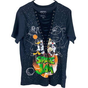 Space Jam Lace Up Tie Front Shirt Size M EUC Basketball Warner Bros. 100% Cotton